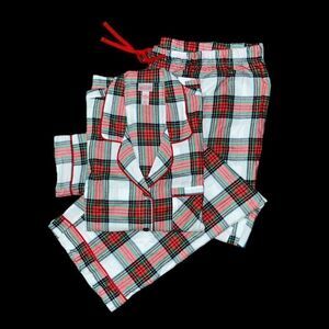 Wandershop Women’s Tartan Plaid Flannel Button Down Jacket & Pants pajama set